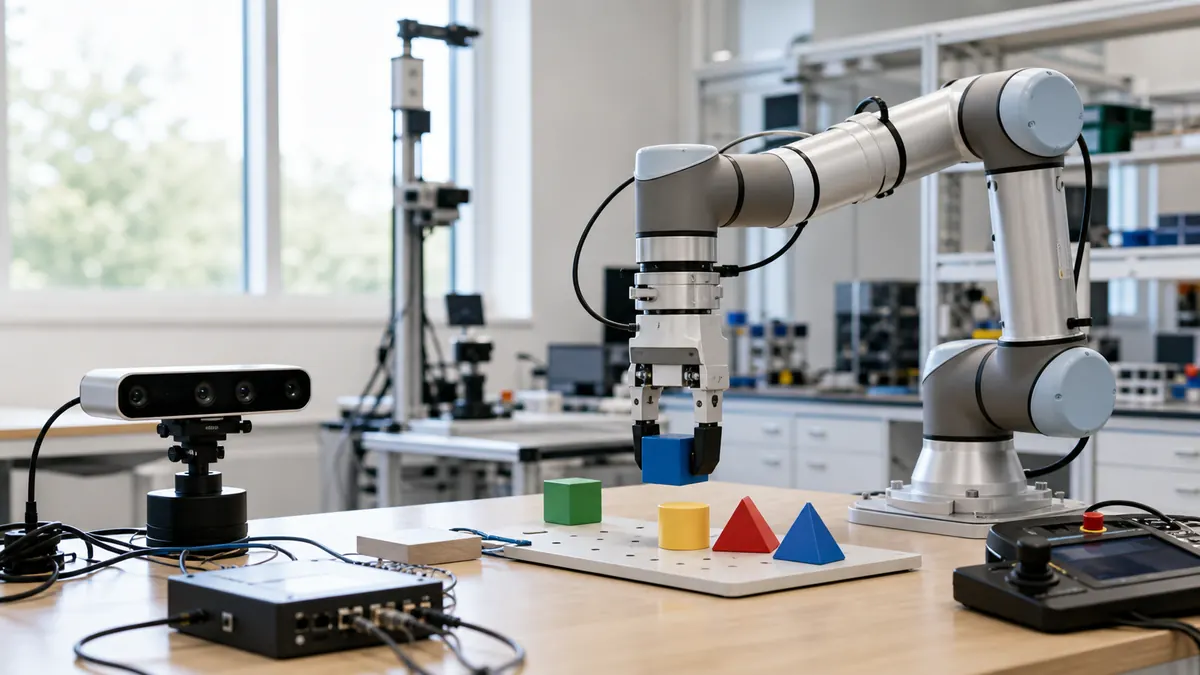 A collaborative robot arm operating in a research laboratory